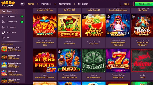 Bizzo Casino real money game selection